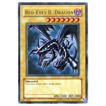 God Grade Ultra Rare Red-Eyes B. Dragon SDJ-001 Yu-Gi-Oh! trading card featuring the iconic black dragon artwork.