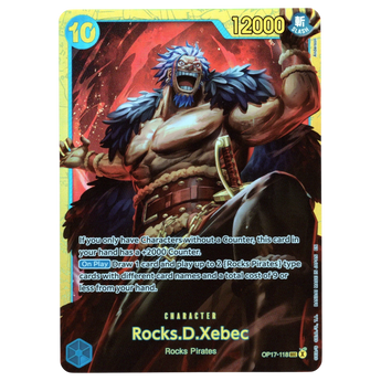 God Grade Rocks.D.Xebec OP17-118 SEC Secret Rare One Piece card featuring a dynamic illustration of the character.