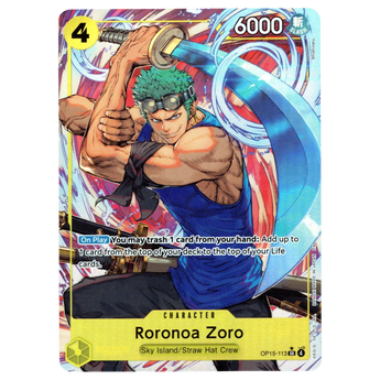 God Grade Roronoa Zoro Alternate Art OP15-113 SR One Piece card featuring Zoro with swords in a dynamic pose