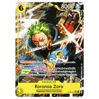 God Grade Roronoa Zoro full art Super Rare One Piece card ST29-014 featuring green-haired swordsman in action
