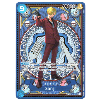 God Grade Sanji SP OP06-119 SEC One Piece card featuring Sanji in a red suit with blue ornate border design