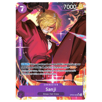 God Grade Sanji Parallel OP09-065 SR One Piece trading card featuring a dynamic red suit illustration