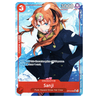 God Grade Sanji Parallel OP10-005 SR One Piece trading card featuring Sanji in a snowy Punk Hazard setting