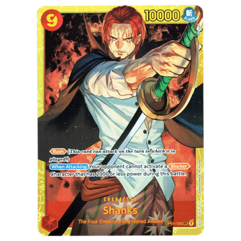 God Grade Shanks OP01-120 SEC Secret Rare reprint card from the One Piece Card Game featuring red-haired Shanks