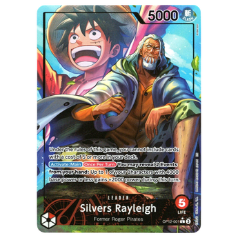 God Grade Silvers Rayleigh Alternate Art Leader card from One Piece Legacy of the Master set featuring Luffy