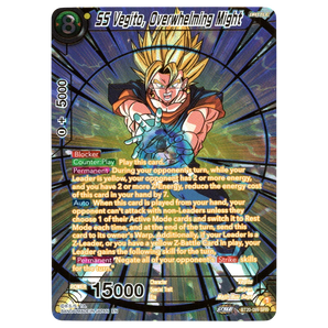God Grade SS Vegito Overwhelming Might BT20-099 SPR Dragon Ball Super card. Features SS Vegito in a dynamic pose with yellow spiky hair and blue energy.