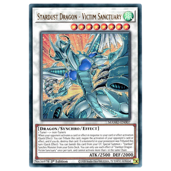God Grade Stardust Dragon Victim Sanctuary Ultra Rare Yu-Gi-Oh! trading card featuring blue dragon artwork