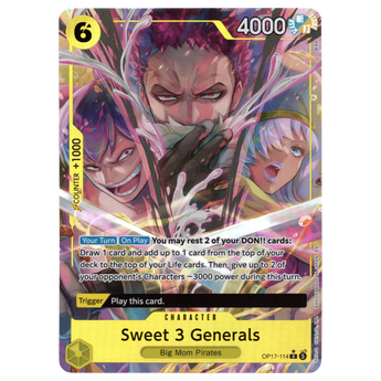 God Grade Sweet 3 Generals alternate art One Piece trading card featuring Big Mom Pirates characters