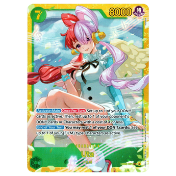 God Grade Uta EB03-061 SEC Secret Rare One Piece card featuring Uta with red and white hair in a vibrant yellow frame