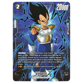 God Grade Vegeta FS12-16 Gold variant Dragon Ball Super Fusion World trading card with blue energy aura
