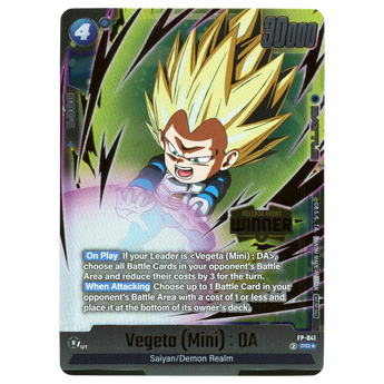 God Grade Vegeta (Mini) DA Winner promo card from Dragon Ball Super Fusion World featuring Super Saiyan Vegeta