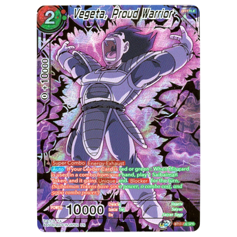 God Grade Vegeta Proud Warrior BT17-132 SPR Dragon Ball Super card with purple energy aura and holographic foil finish