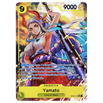 God Grade Yamato Alternate Art OP04-112 SR One Piece card featuring a vibrant illustration of the character Yamato.