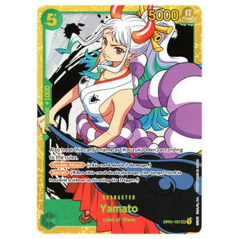 God Grade Yamato OP01-121 SEC reprint card from One Piece Card Game featuring Yamato with white hair and red horns.