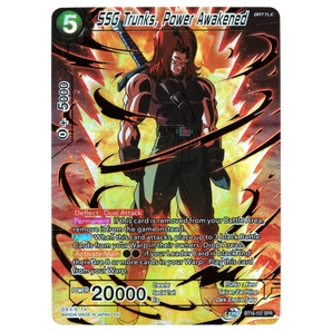 God Grade SSG Trunks, Power Awakened BT16-107 SPR Dragon Ball Super card. Features Trunks in a black outfit with a sword.